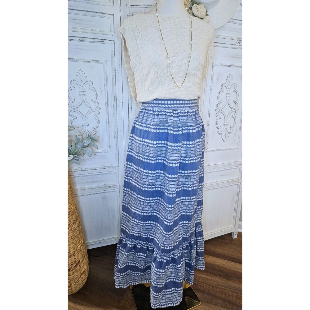 Vintage 60s-70s Malbe Blue & White Embroidery Tiered Ruffle Hem Maxi Skirt